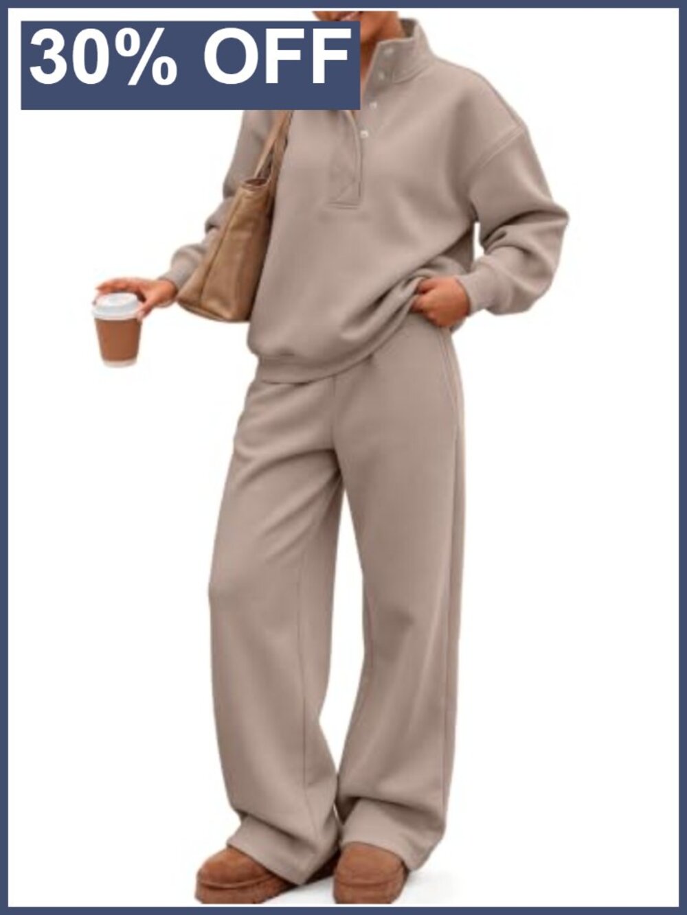 Oversized Snap Button Mock Neck Sweatsuit Wide Leg 2 Piece Set Cotton Blend